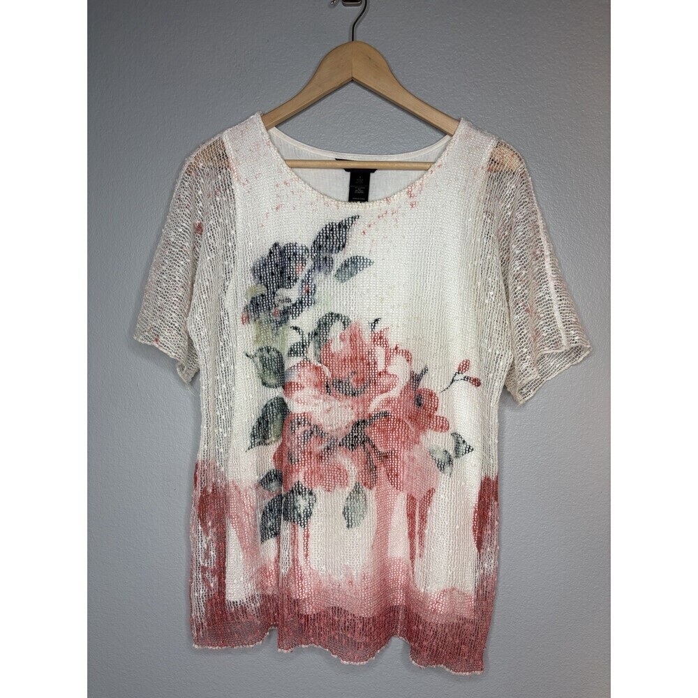 Ali Miles Womens SMALL FLORAL Mixed Print Mesh Overlay Blouse Top